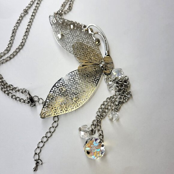 Filigree Butterfly Pendant Necklace with Aurora Borealis colourful Rhinestones - Picture 8 of 13
